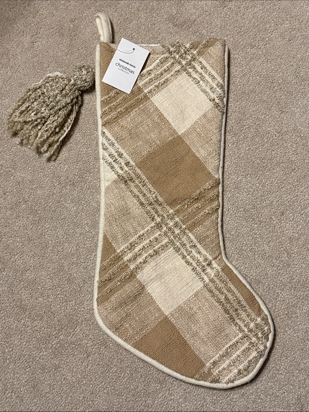 NWT Christmas Stocking Kirkland’s Home Textured Rustic Tan Cream 20”